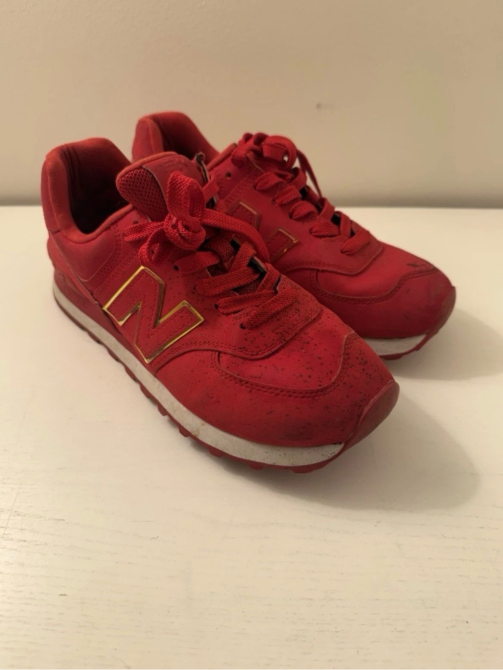 New Balance 574 Red Sneakers with Gold Logo Trim